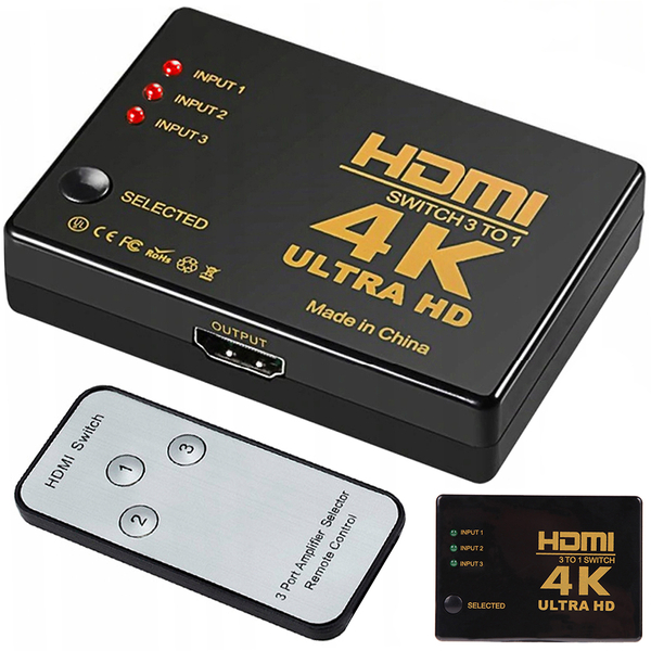 Přepínač rozbočovač 3x na 1 hdmi 4k uhd dálkové ovládání ir