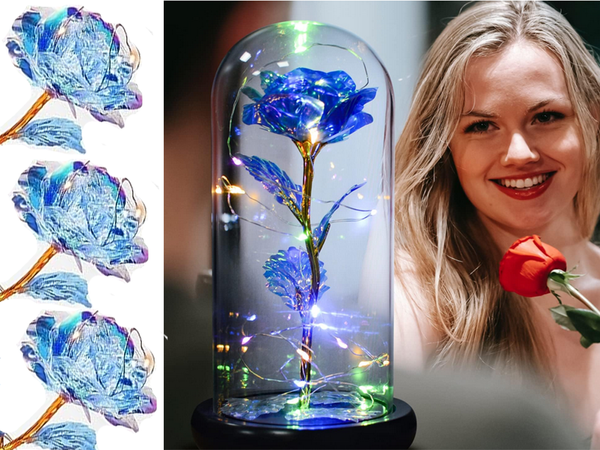 Věčná růže ve skleněném dárku vedla svítící modré sklo pro den žen