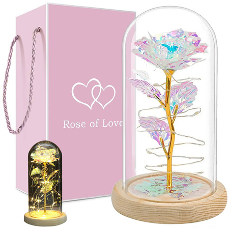Everlasting rose in glass gift led luminous box glass wooden base.