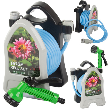 Garden waterring hose on a stand with a coiled spray gun 10m