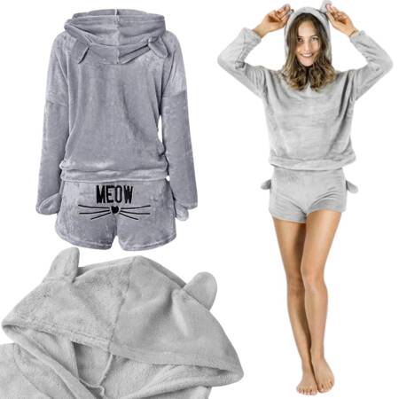 Warm women's pyjamas two-piece with hood soft plush short m