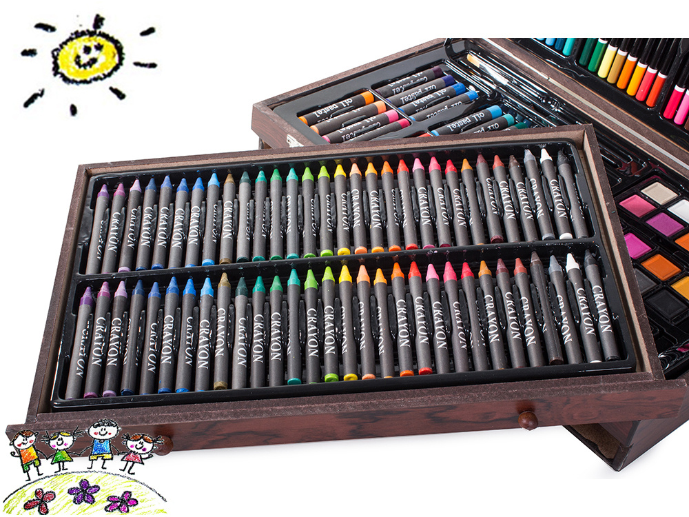 Color More 143 Piece Deluxe Art Set, Art Supplies in Portable Wooden  Case-Painting & Drawing Kit with Crayons, Oil Pastels, Colored