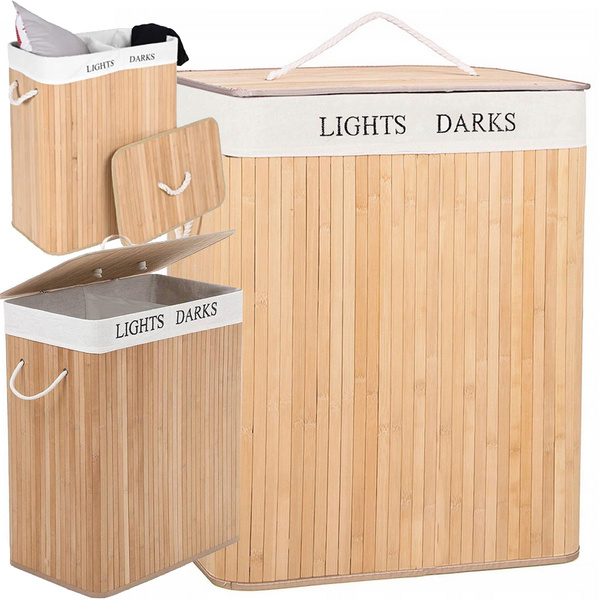 Bamboo laundry basket 2 compartment free-standing organiser container lid