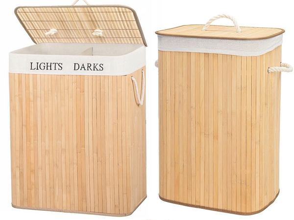 Bamboo laundry basket 2 compartment free-standing organiser container lid