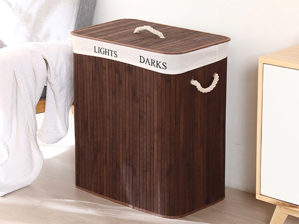 Bamboo laundry basket 2 compartment free-standing organiser container lid