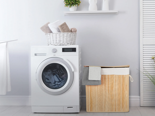 Bamboo laundry basket 2 compartment free-standing organiser container lid