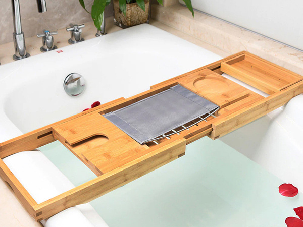 Bath shelf adjustable large bamboo spa overlay