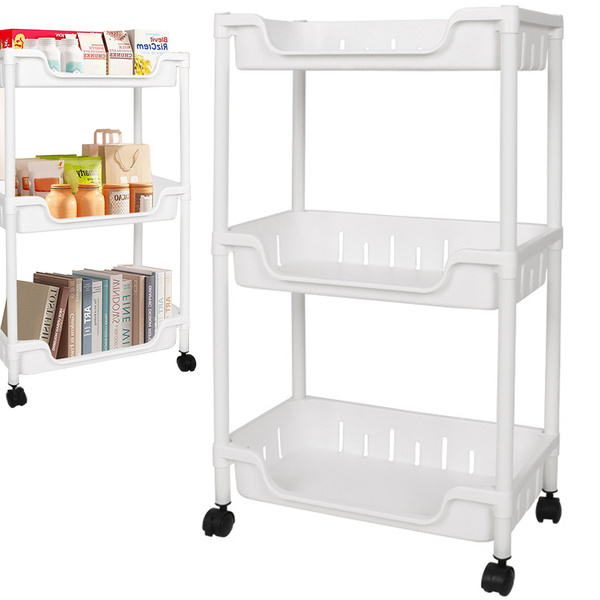 Bathroom shelf kitchen cabinet mobile bookcase on wheels 3 levels hooks