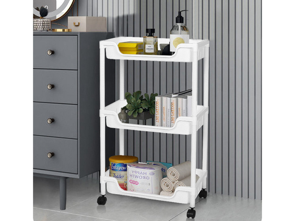 Bathroom shelf kitchen cabinet mobile bookcase on wheels 3 levels hooks