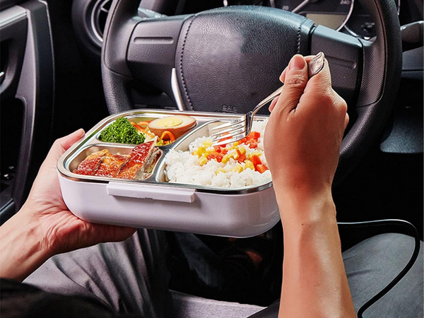 Electric lunchbox heated container for work truck lunches