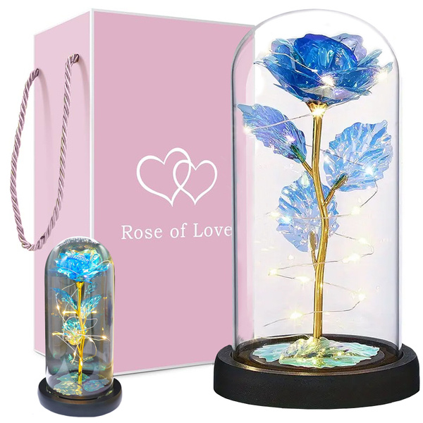 Everlasting rose in glass gift led luminous blue glass for women's day