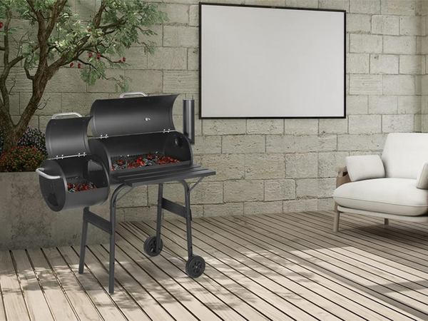 Garden grill large charcoal barrel bbq smoker with lid grate shelf wheels