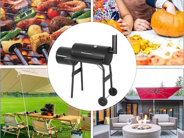 Garden grill large charcoal barrel bbq smoker with lid grate shelf wheels