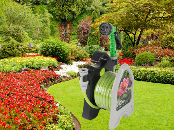 Garden waterring hose on a stand with a coiled spray gun 10m