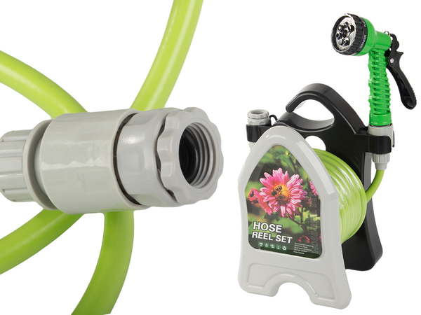 Garden waterring hose on a stand with a coiled spray gun 10m