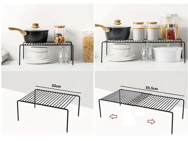 Metal shelf adjustable in width folding single level organiser