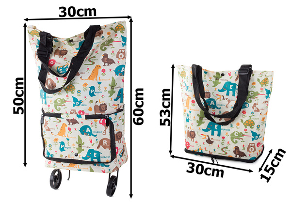 Shopping bag trolley with shoulder wheels foldable