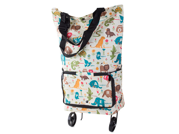 Shopping bag trolley with shoulder wheels foldable