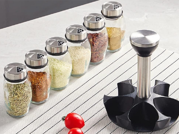 Spice organiser rotary glass containers 6 pieces spice salt