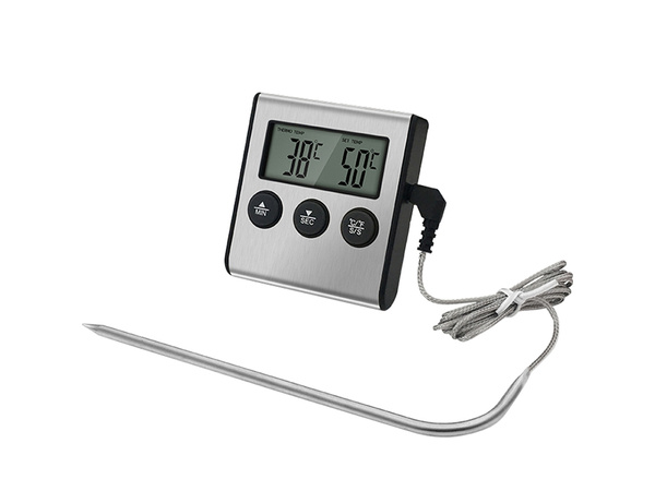 Thermometer with thermoprobe for cooking smokehouse meat