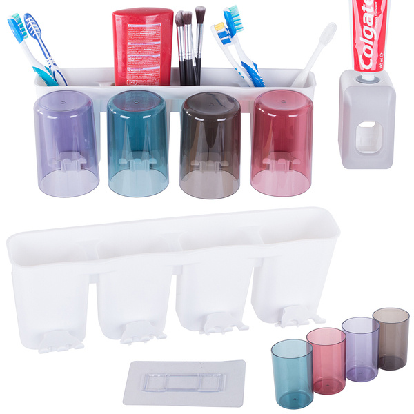 Toothbrush organiser cups toothpaste dispenser