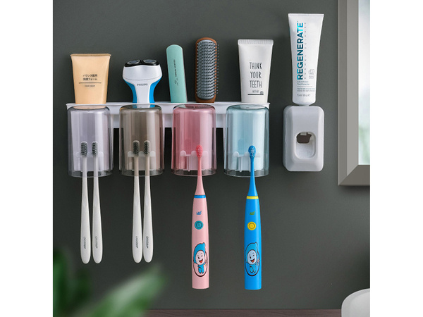 Toothbrush organiser cups toothpaste dispenser