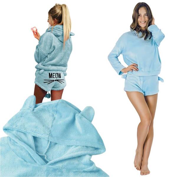 Warm women's pyjamas two-piece with hood soft plush short l