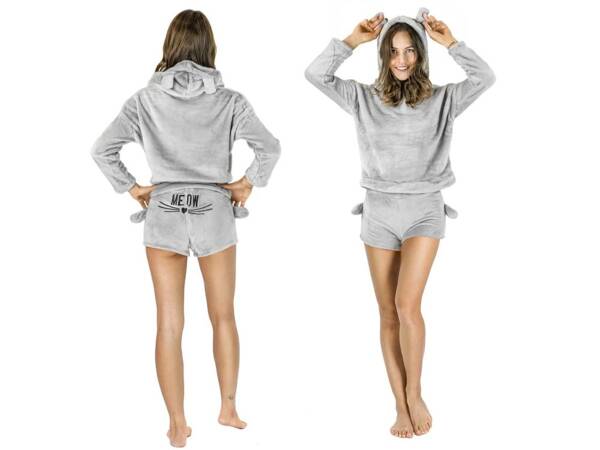 Warm women's pyjamas two-piece with hood soft plush short m