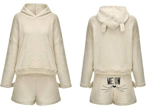 Warm women's pyjamas two-piece with hood soft plush short m