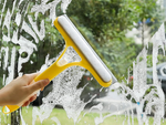 Squeegee window washer with washer brush cab spray