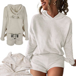 Warm women's pyjamas two-piece with hood soft plush short m