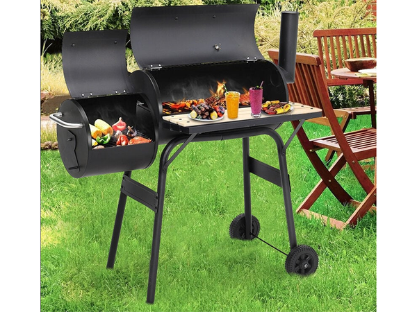 Gril de jardin grand baril de charbon de bois bbq smoker avec couvercle grille étagère roues