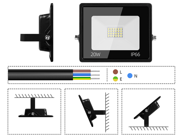 Projecteur halogène led 20w 6000k extérieur étanche ip66