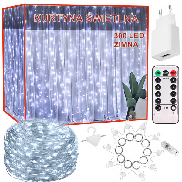 Rideau lumineux 300 led fenêtre intérieur guirlande couleur froide télécommande 3m