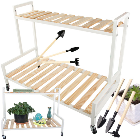 Wooden flowerbed for potted flowers two-storey shelf on wheels terrace