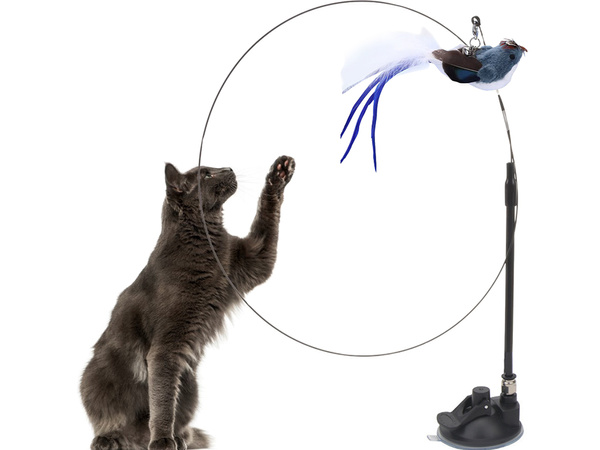 Interaktyvus žaislas katėms su siurbtuku, judantis paukštelis