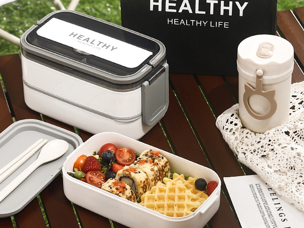 Breakfast box with compartments two-tier container xxl cutlery lunchbox 1400ml