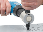 Sheet metal cutting attachment scissors on drill