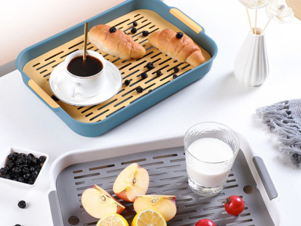 Two-layer kitchen tray with drain for dishes, vegetables, fruit, plastic