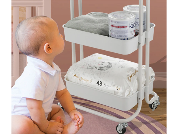 Bathroom shelf, kitchen cabinet, mobile rack on wheels, 3 levels, white