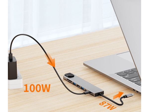 Hub'o adapteris 8in1 jungtis 2x usb-c thunderbolt 3 2xusb hdmi sd rj45