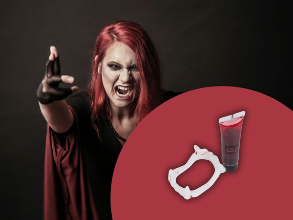 Set false teeth+ blood halloween vampire dracula fangs blood in a tube