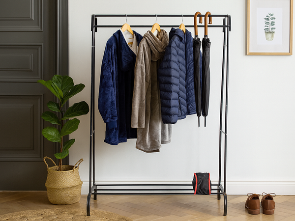 Standing clothes hanger with shelves for shoes and jackets, metal, for wardrobe