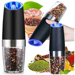 Electric gravity pepper and salt mill with lighting and adjustment