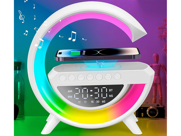 Lampe led rgb gaming chargeur induction haut-parleur réveil radio horloge