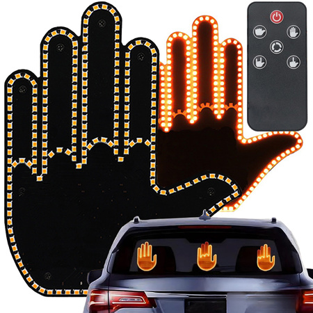 Gesture signalling hand on the rear window of a car middle finger led remote control