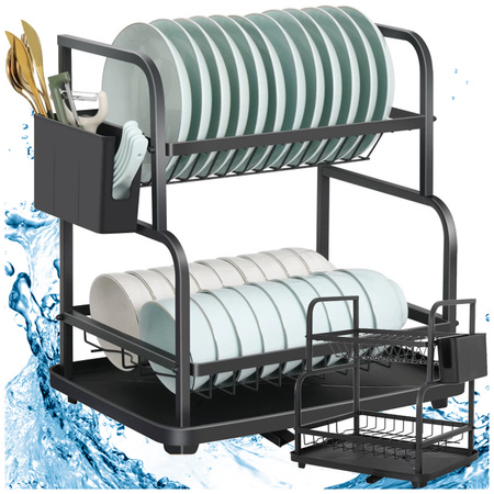 Indaplovė su džiovykle lėkštės, stalo įrankiai, puodeliai, dviejų lygių nusausintuvas su padėklu