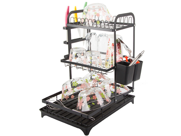 Two-level dish dryer for plates, cutlery and cups with draining tray