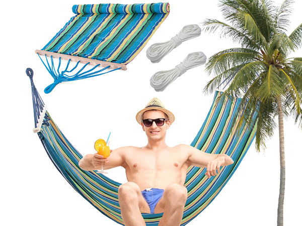 Hamac de jardin renforcé balançoire à bascule en bois coloré et rayé 200 x 80