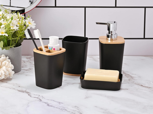 Badezimmer-set badezimmerbürste wc seifenspender abfallkorb bambus 5